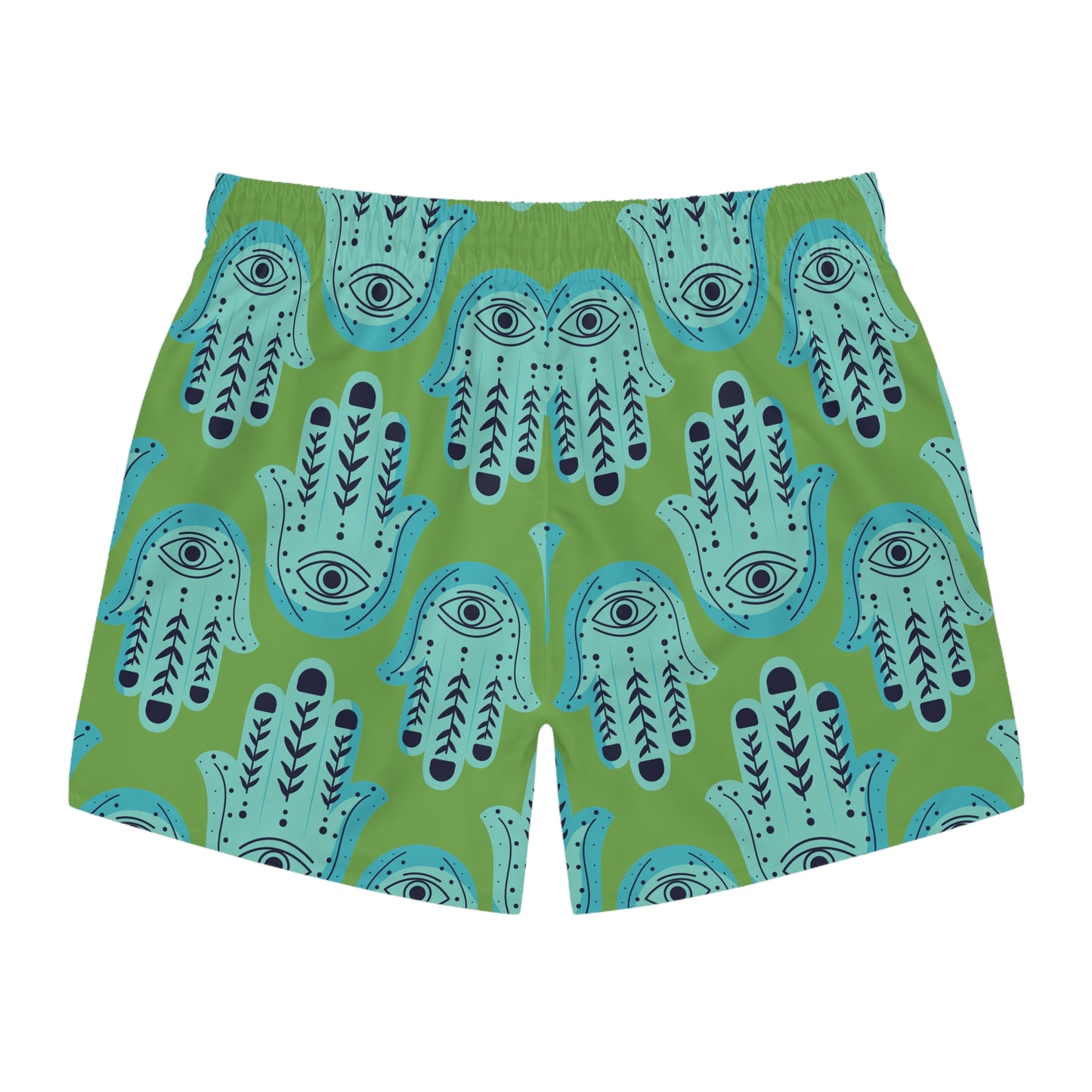 Hannah Bright Turquoise Hamsa Pattern on Apple Green Swim Trunks