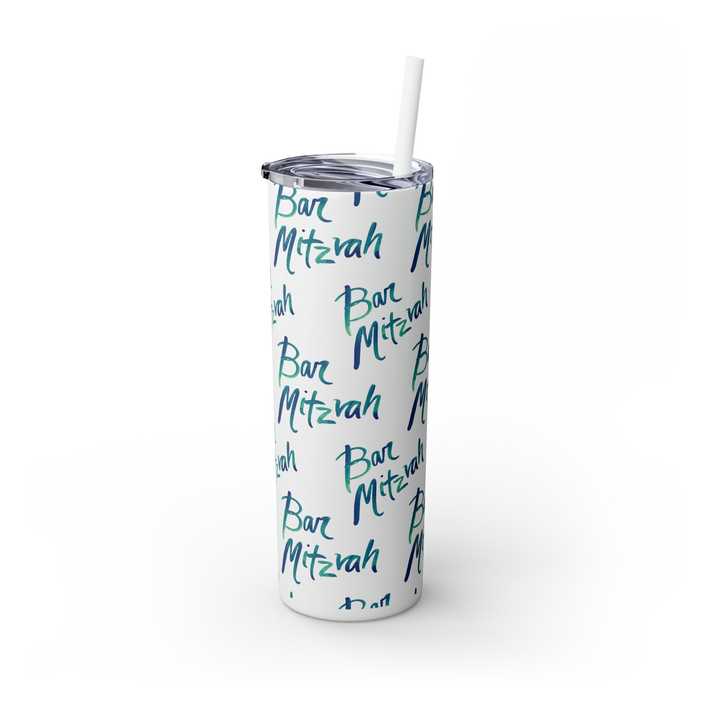 Ben Turquoise & Green Ombre Bar Mitzvah Pattern Skinny Tumbler with Straw, 20oz