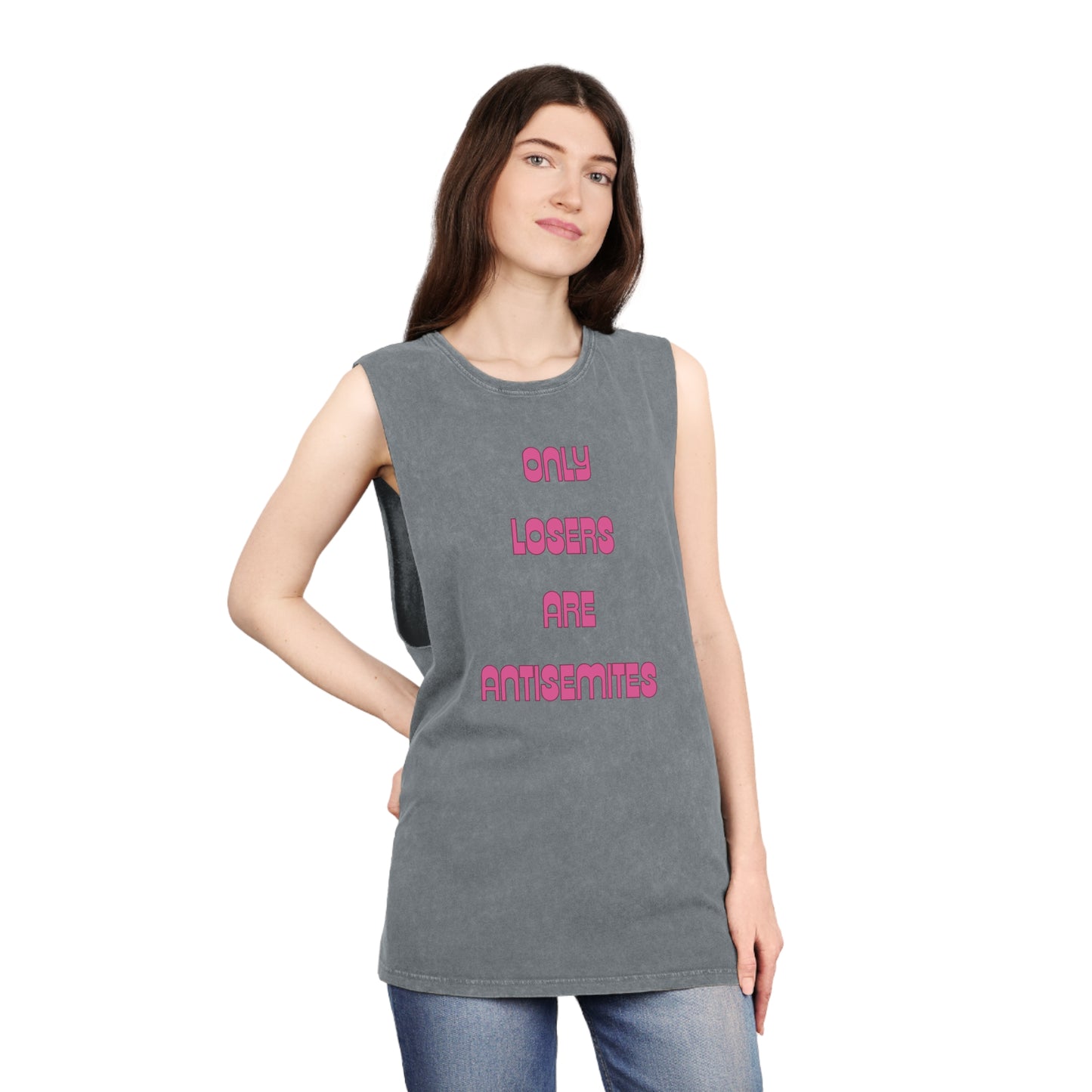 Only Losers Are Antisemites Pink Retro Unisex Stonewash Tank Top