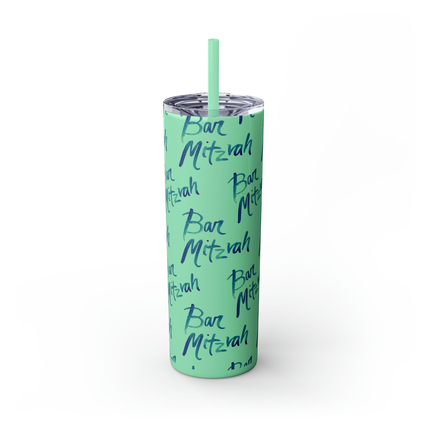 Ben Turquoise & Green Ombre Bar Mitzvah Pattern Skinny Tumbler with Straw, 20oz