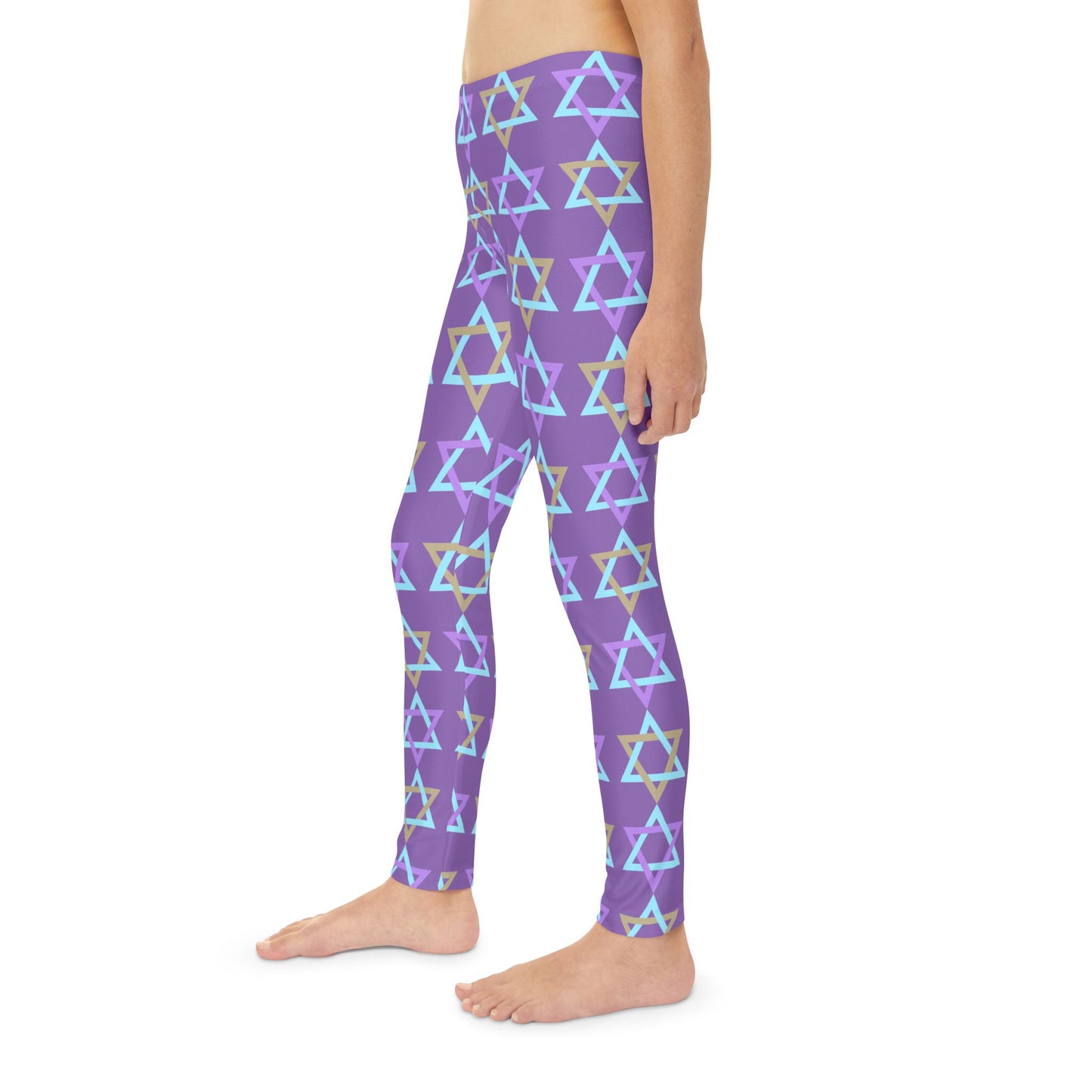 David Beige, Purple, & Light Blue Magan David Pattern on Purple Youth Full-Length Leggings