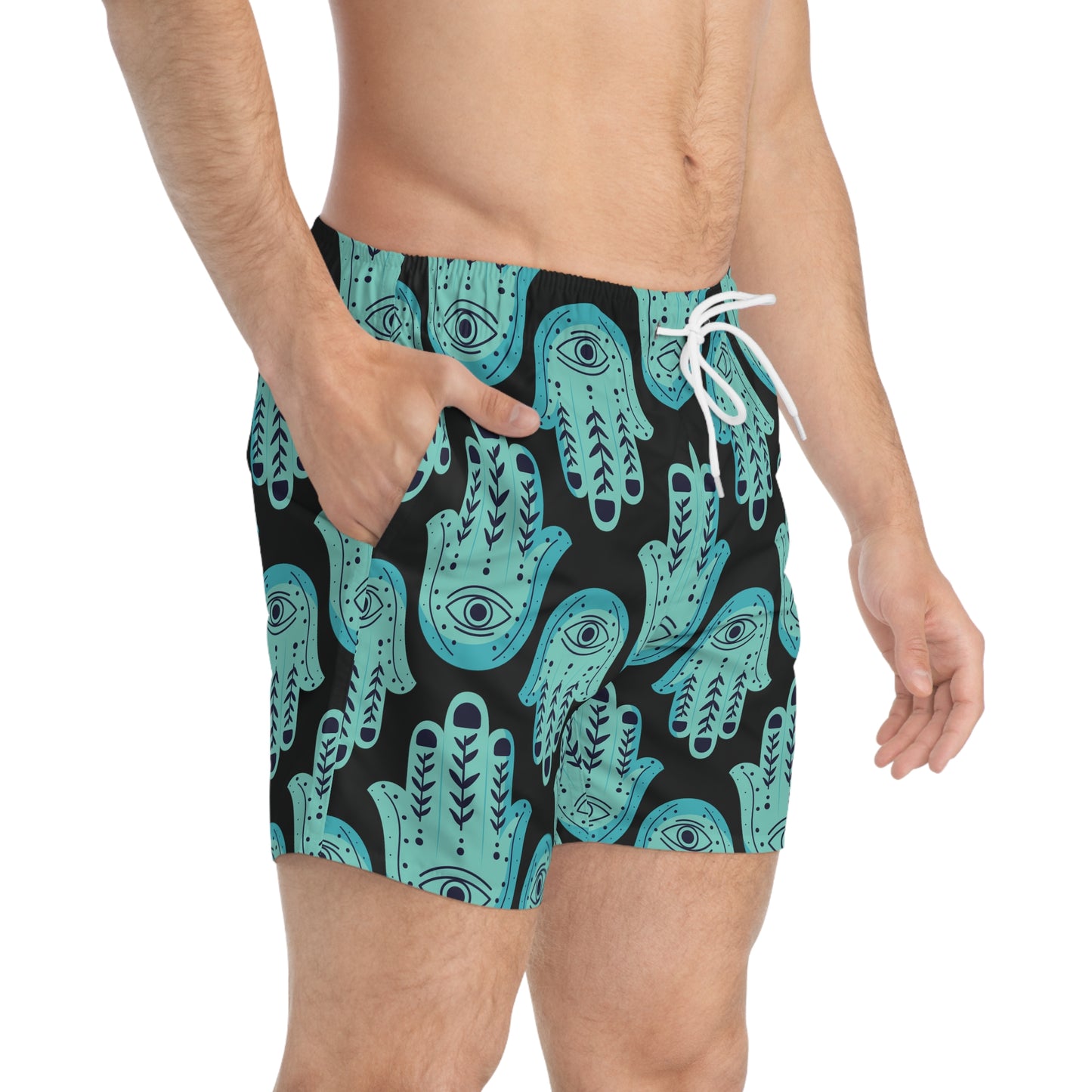 Hannah Bright Turquoise Hamsa Pattern on Black Swim Trunks