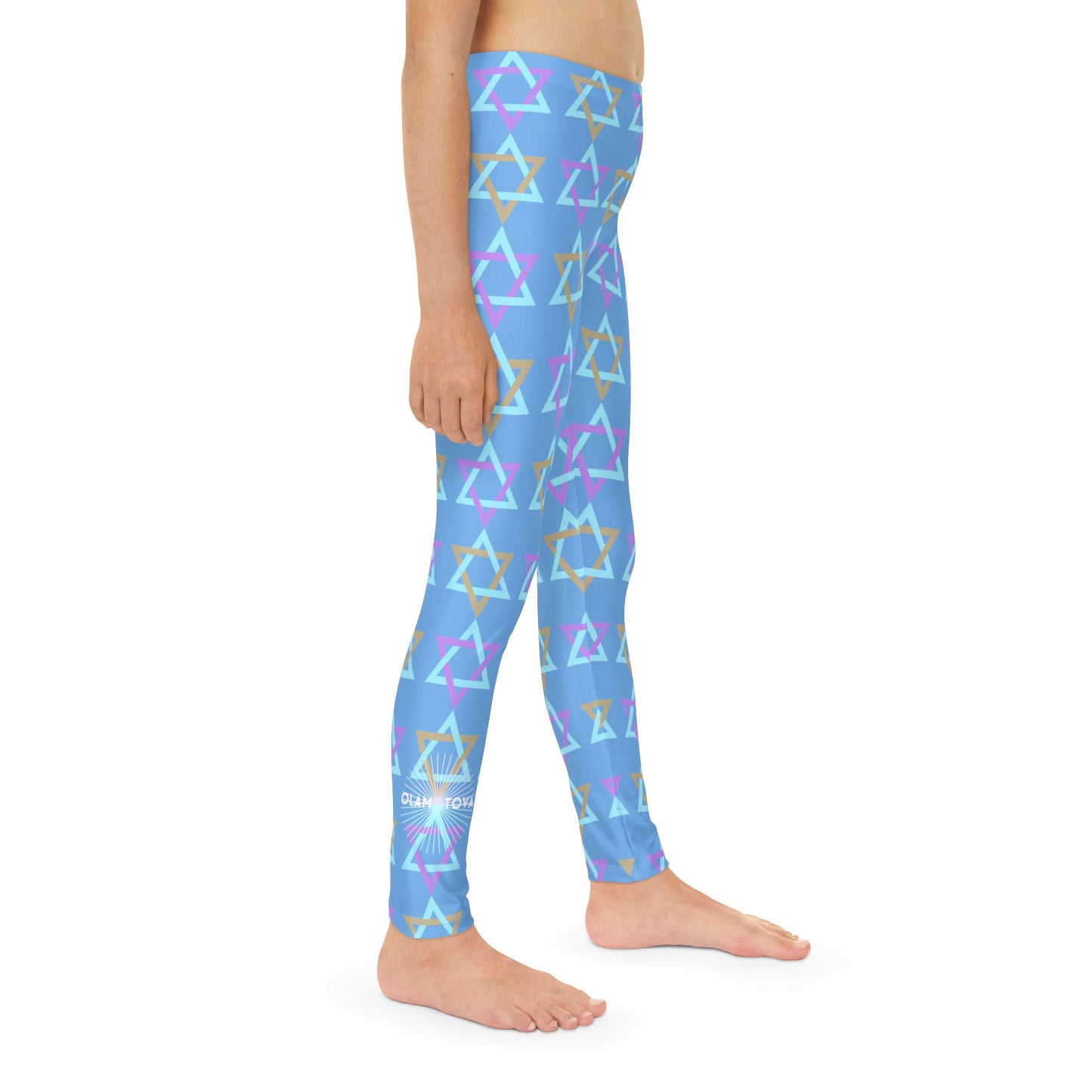 David Beige, Purple, & Light Blue Magan David Pattern on Blue Youth Full-Length Leggings