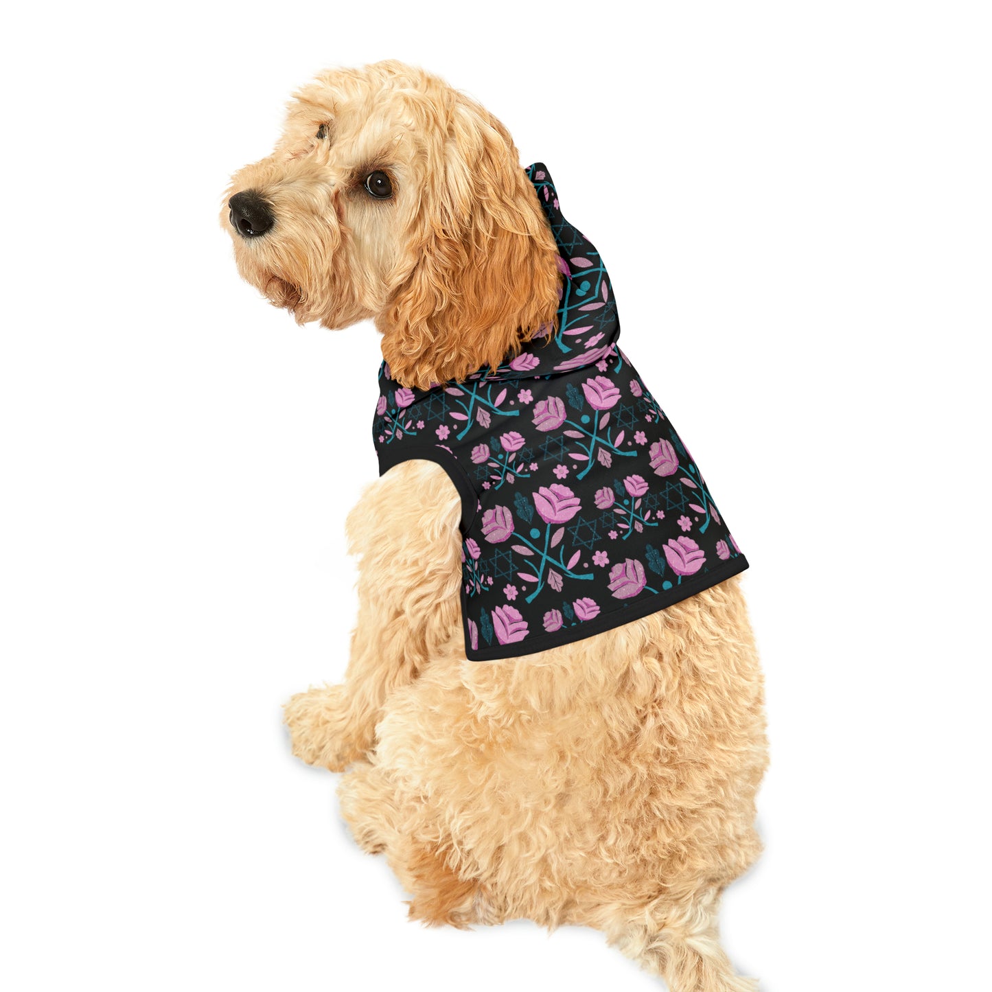 Beth Pink & Blue Pattern on Black Pet Hoodie