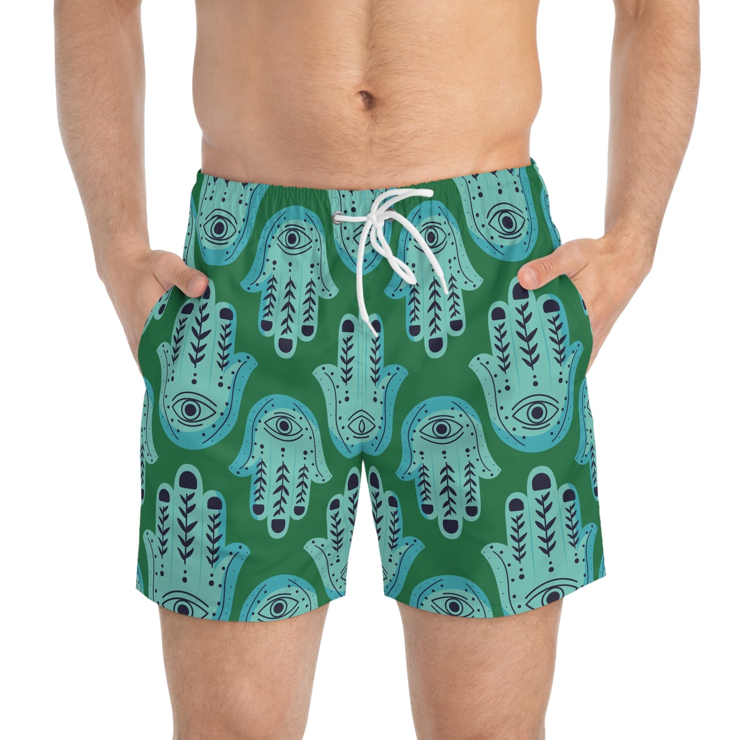 Hannah Bright Turquoise Hamsa Pattern on Dark Green Swim Trunks