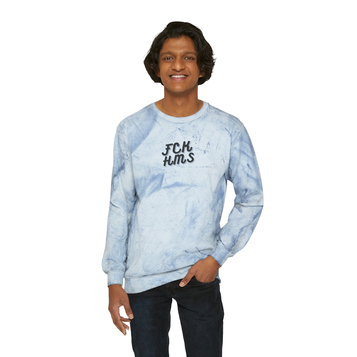 FCK HMS Script Black & Blue Unisex Color Blast Crewneck Sweatshirt