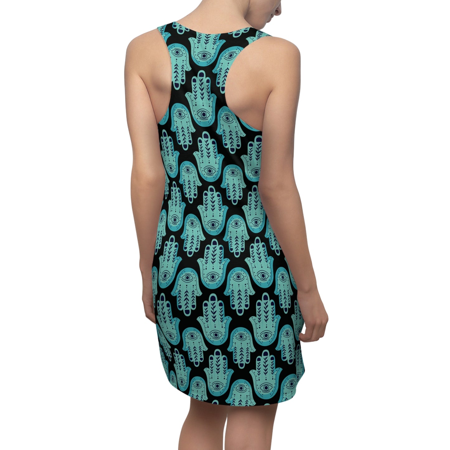 Hannah Bright Turquoise Hamsa Pattern Women's Cut & Sew Racerback Dress