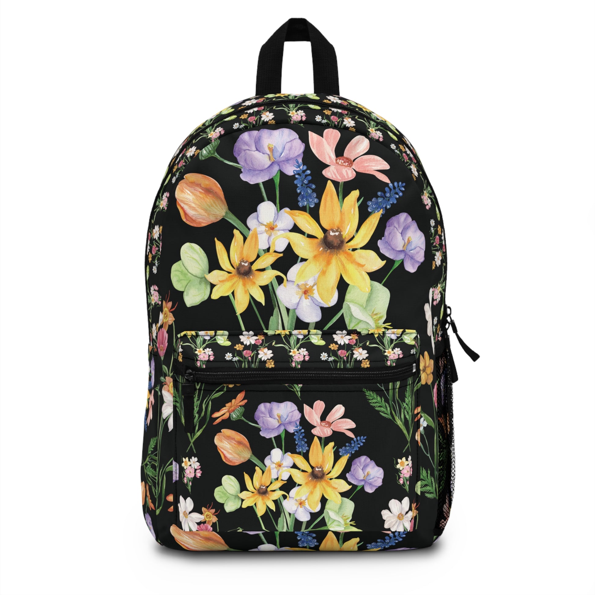 black floral leather flap backpack Yvonne Floral Pattern on Black Backpack – Olam Tova