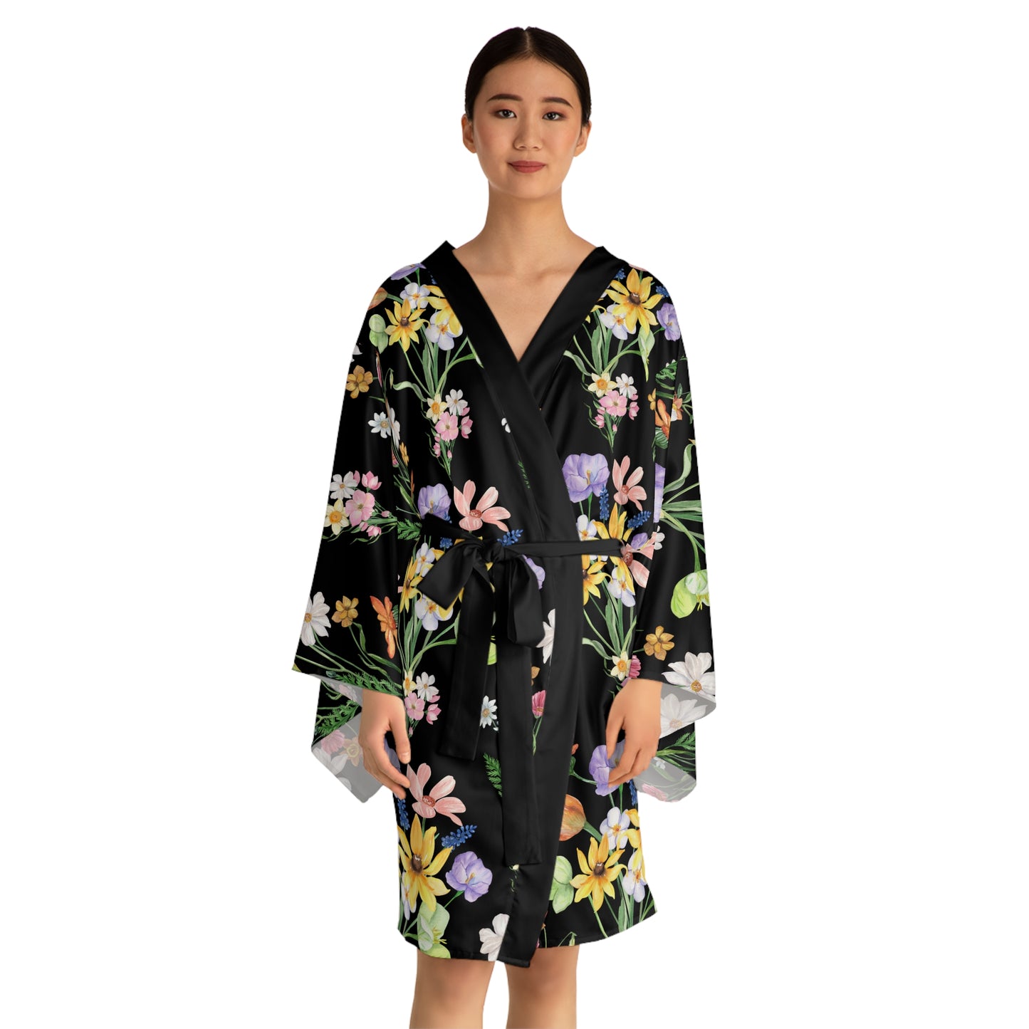 Yvonne Floral Pattern on Black Long Sleeve Kimono Robe