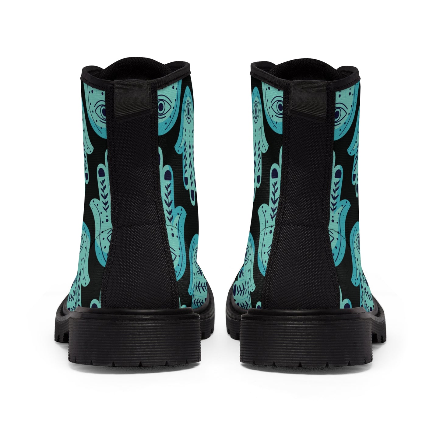 Hannah Bright Turquoise Hamsa Pattern on Black Women's Canvas Boots