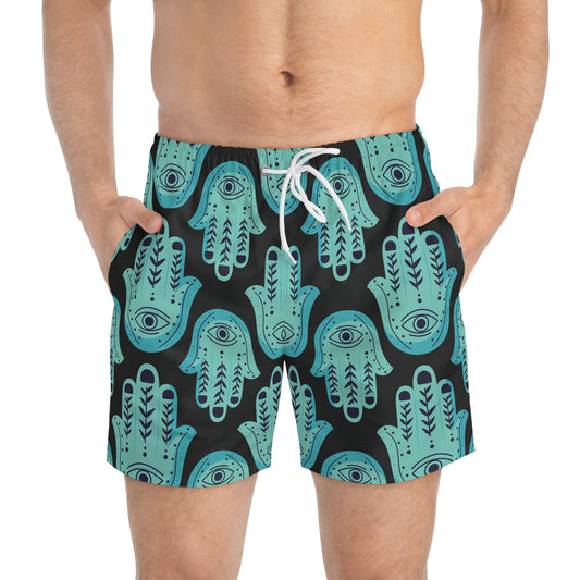 Hannah Bright Turquoise Hamsa Pattern on Black Swim Trunks