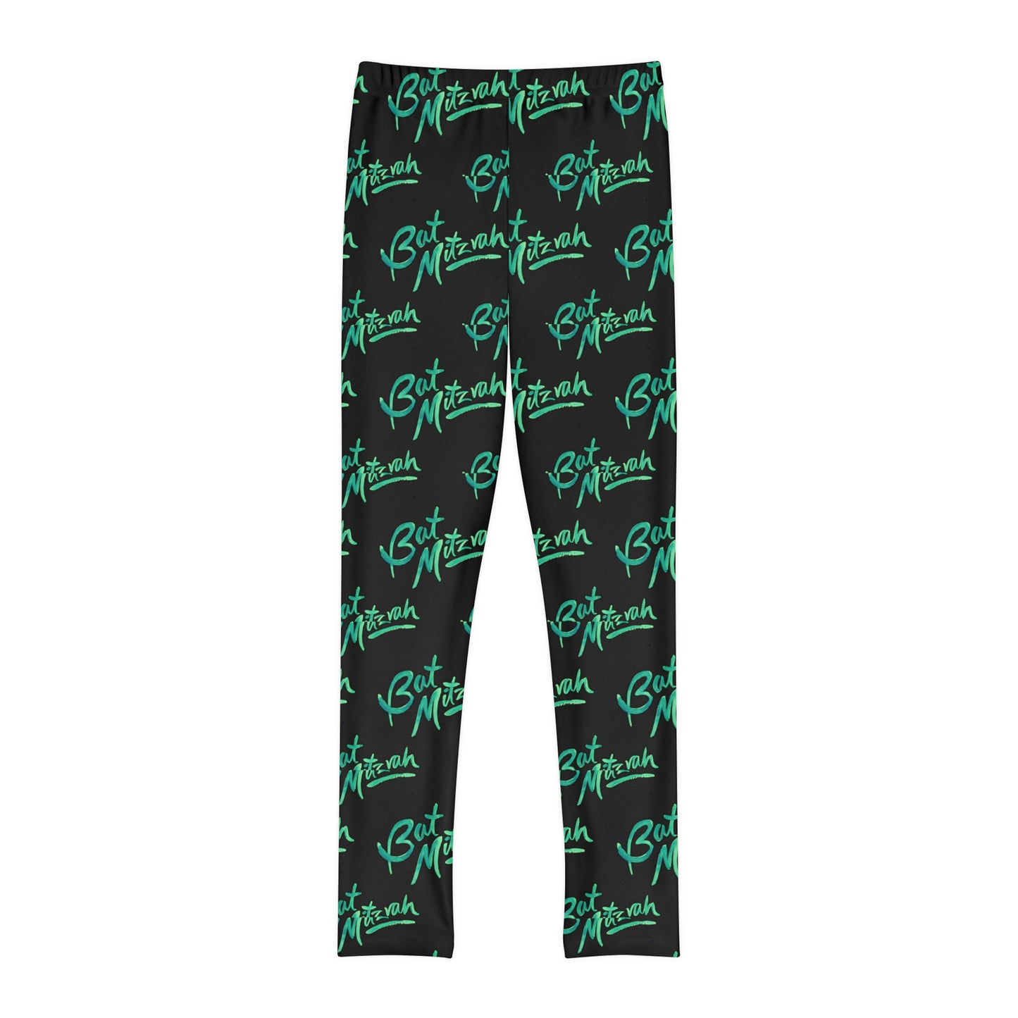 Batya Green Bat Mitzvah Pattern on Black Youth Full-Length Leggings