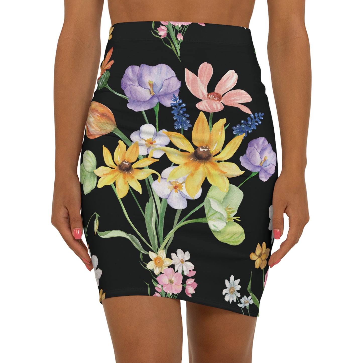 Yvonne Floral Pattern on Black Women's Mid-Waist Pencil Skirt