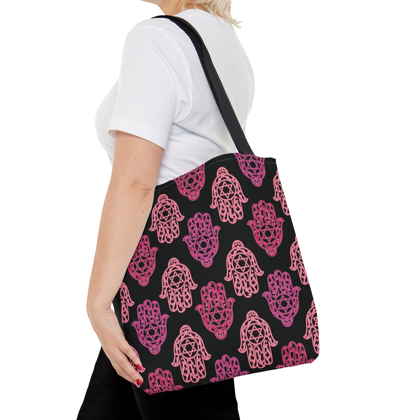 Hadar Pinks Hamsa Pattern on Black Pattern Tote Bag