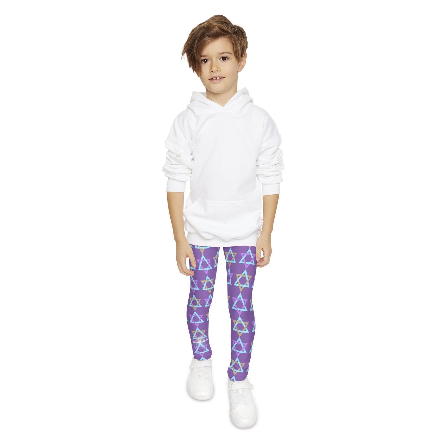 David Beige, Purple, & Light Blue Magan David Pattern on Purple Youth Full-Length Leggings