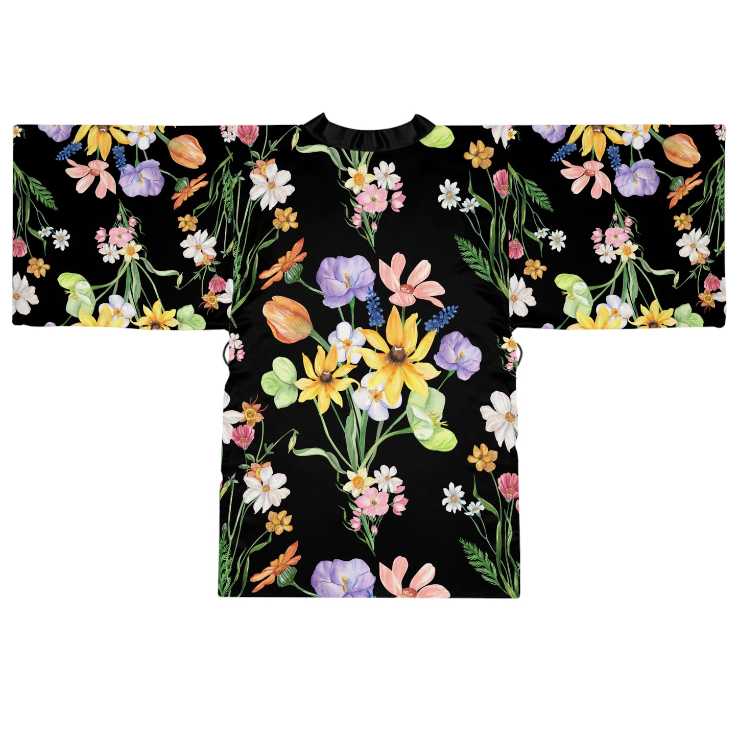 Yvonne Floral Pattern on Black Long Sleeve Kimono Robe