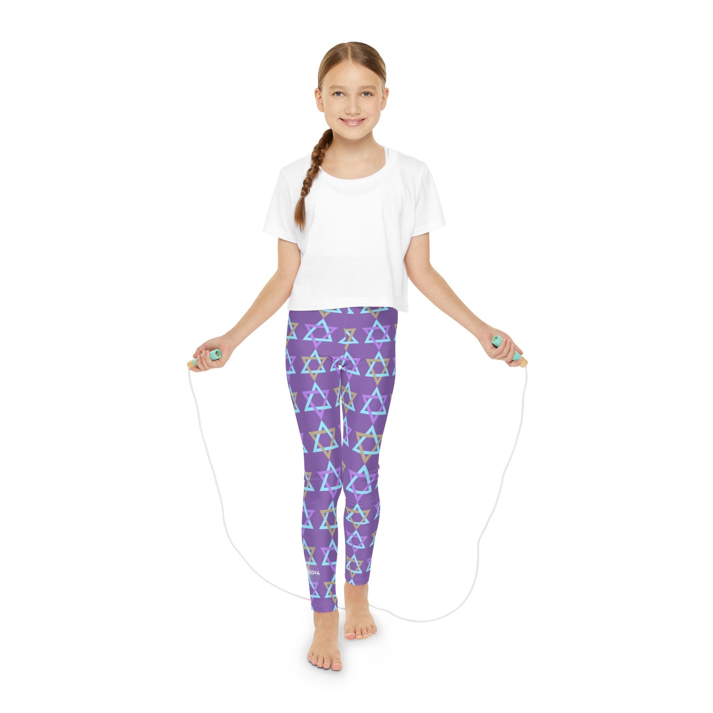 David Beige, Purple, & Light Blue Magan David Pattern on Purple Youth Full-Length Leggings