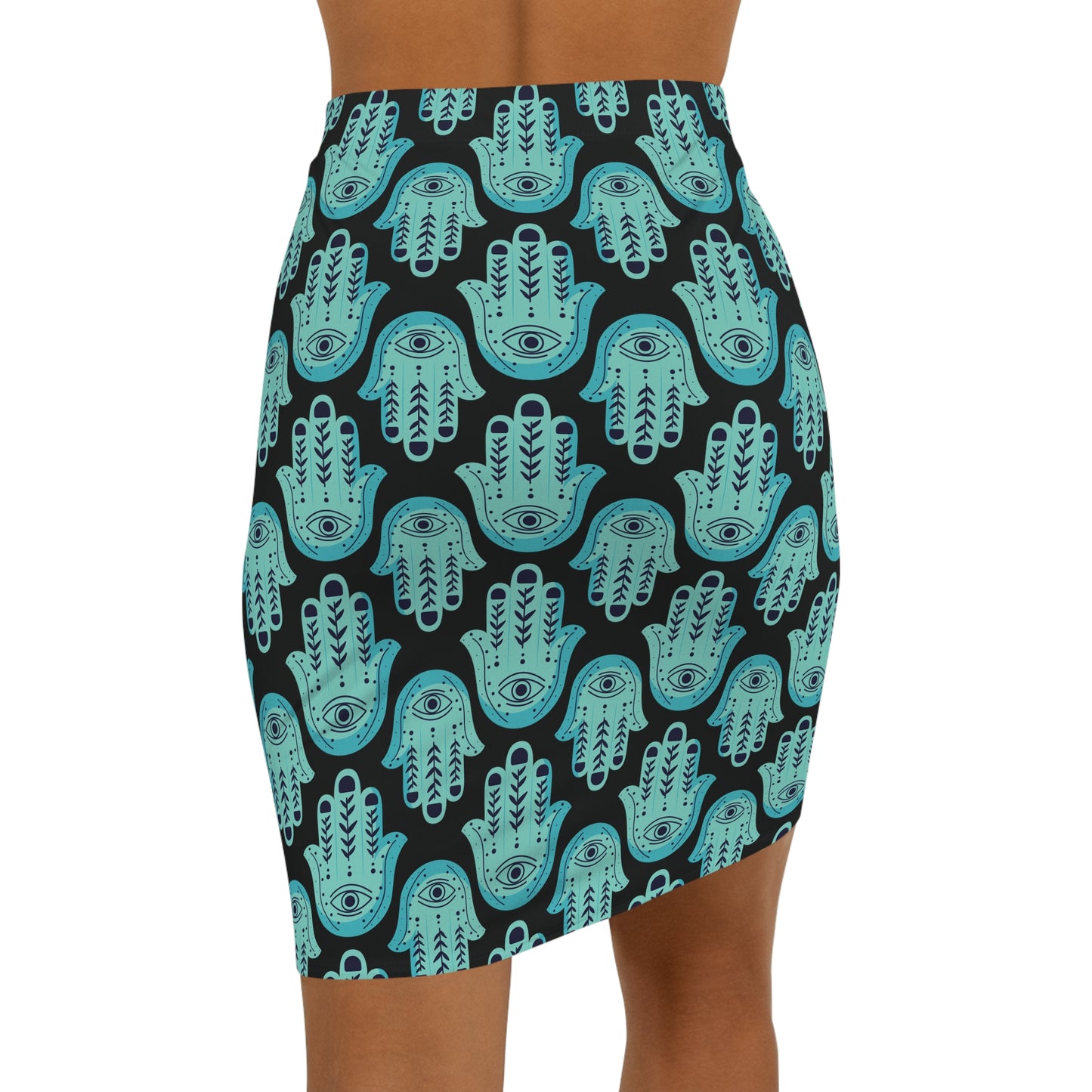 Hannah Bright Turquoise Small Hamsa Pattern Women's Mid-Waist Pencil Skirt