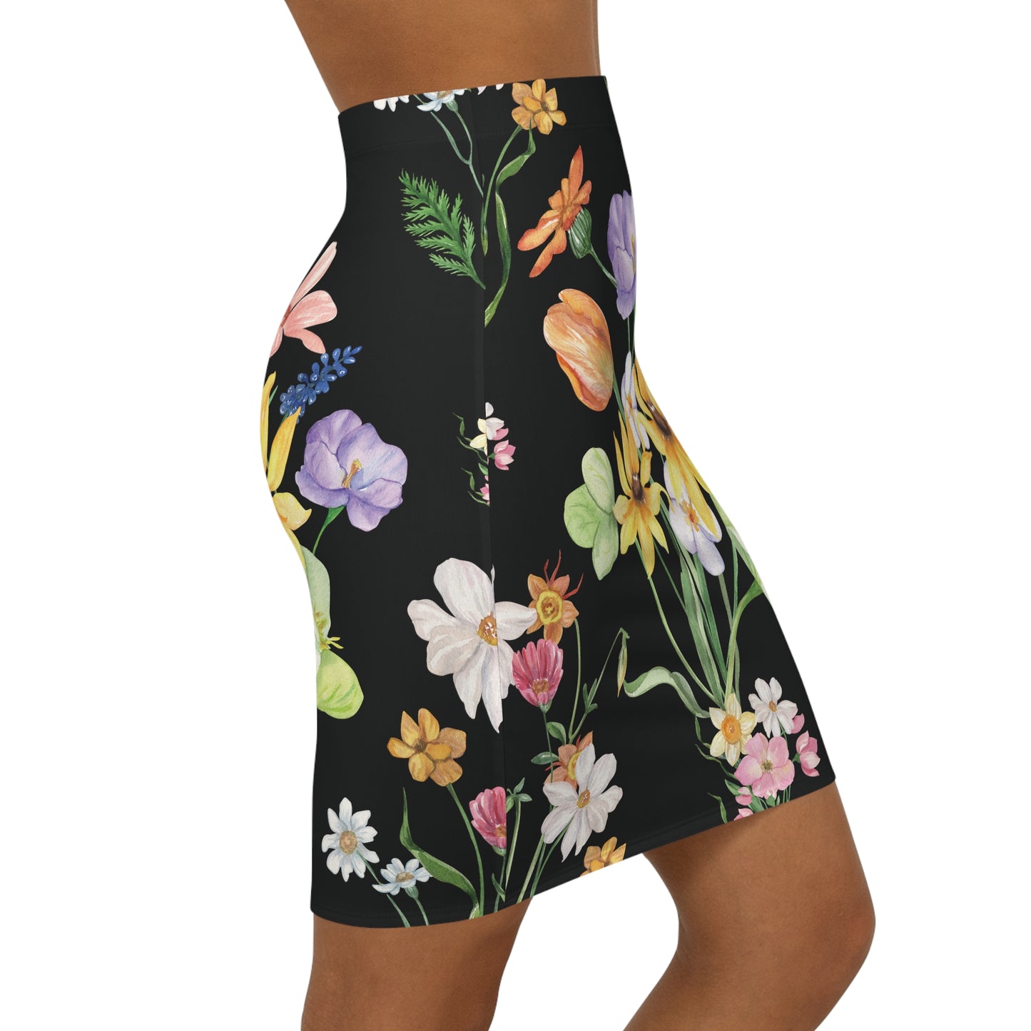 Yvonne Floral Pattern on Black Women's Mid-Waist Pencil Skirt