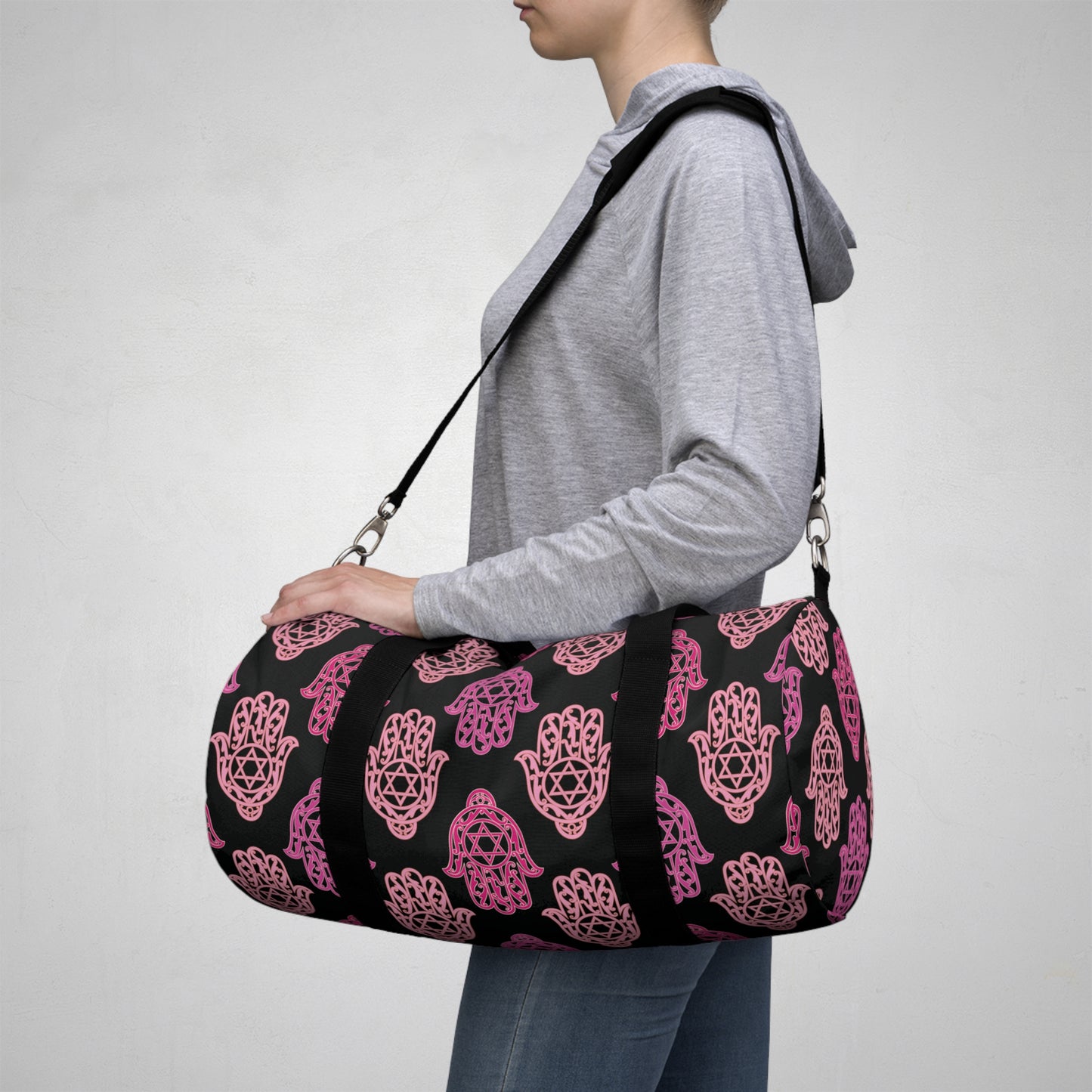 Hadar Pinks Hamsa Pattern on Black Duffel Bag