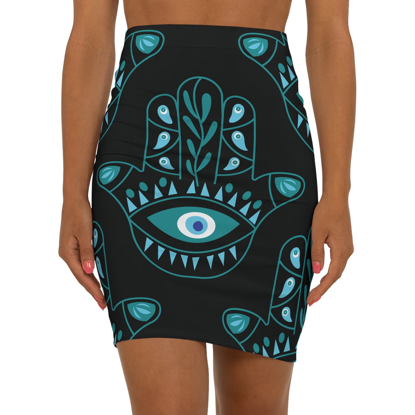 Hyman Turquoise Hamsa Pattern on Black Women's Mini Skirt