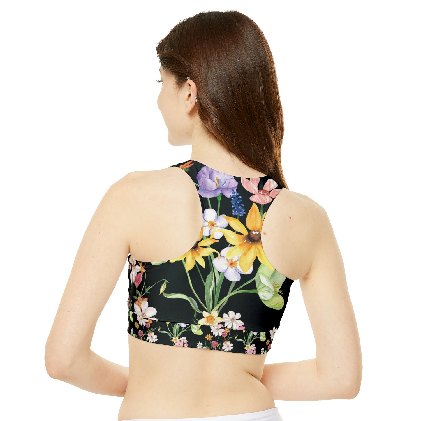 Yvonne Floral Pattern on Black High Neck Crop Waterproof Sports Top