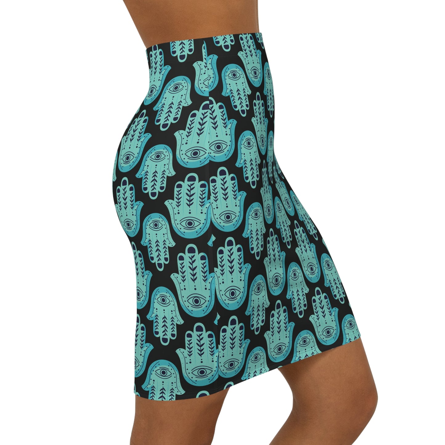 Hannah Bright Turquoise Small Hamsa Pattern Women's Mid-Waist Pencil Skirt