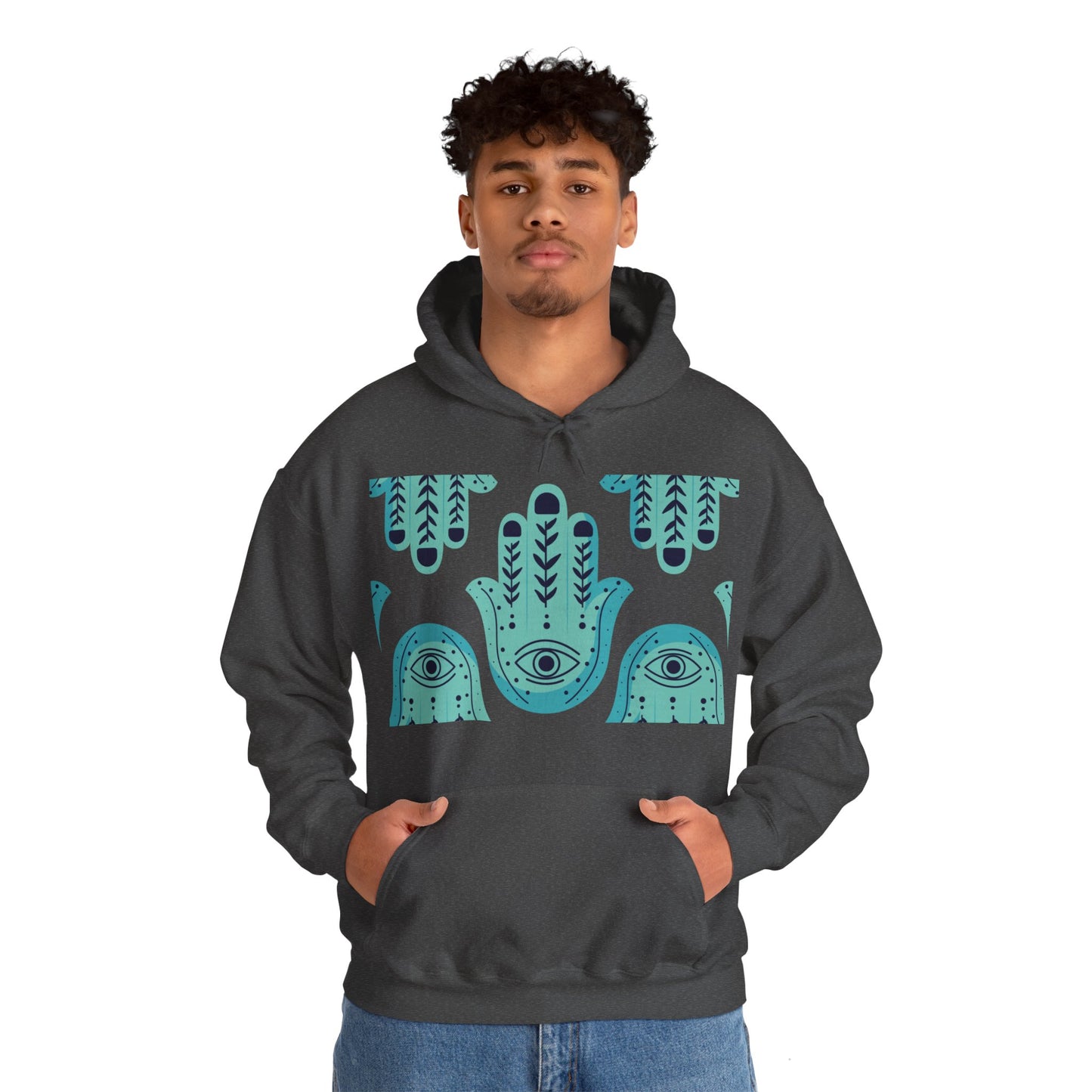 Hannah Bright Turquoise Hamsa Design Unisex Heavy Blend™ Hooded Sweatshirt