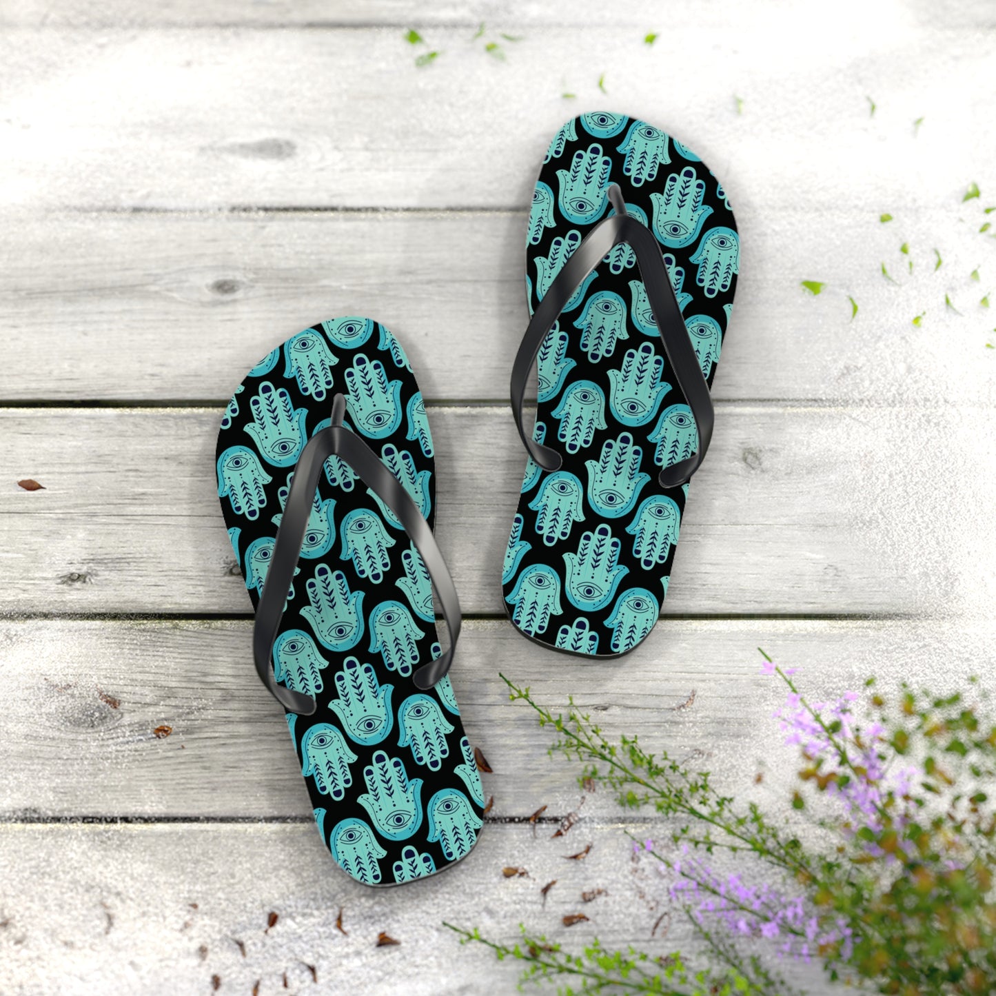 Hannah Bright Turquoise Hamsa Pattern Flip Flops