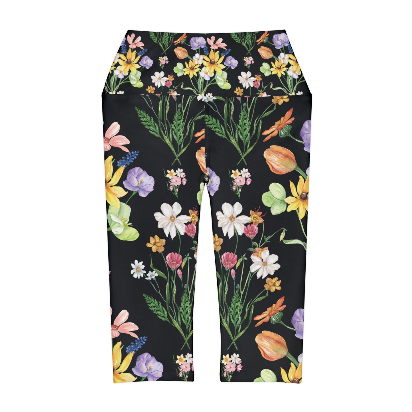 Yvonne Floral Pattern on Black Yoga Capri Leggings