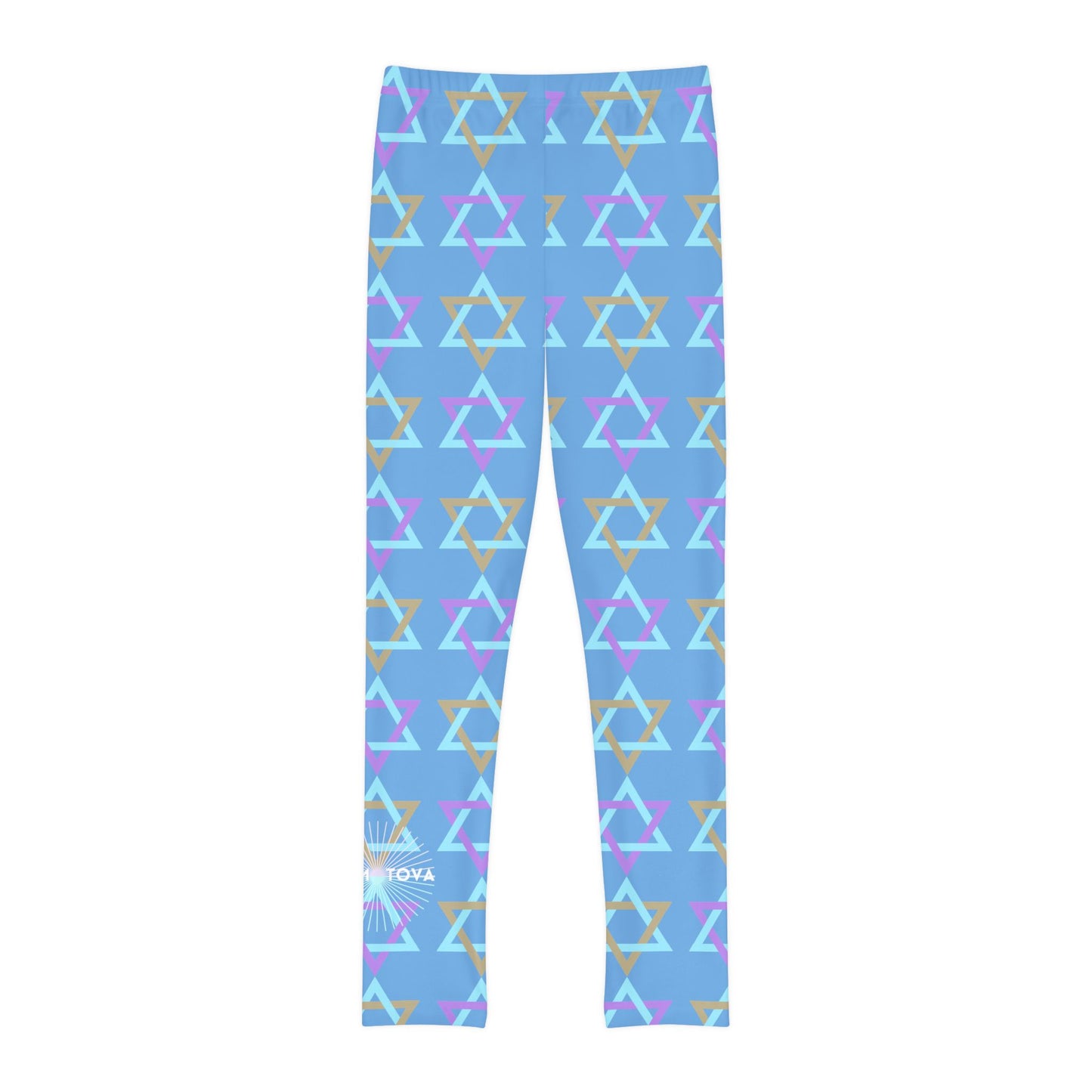 David Beige, Purple, & Light Blue Magan David Pattern on Blue Youth Full-Length Leggings