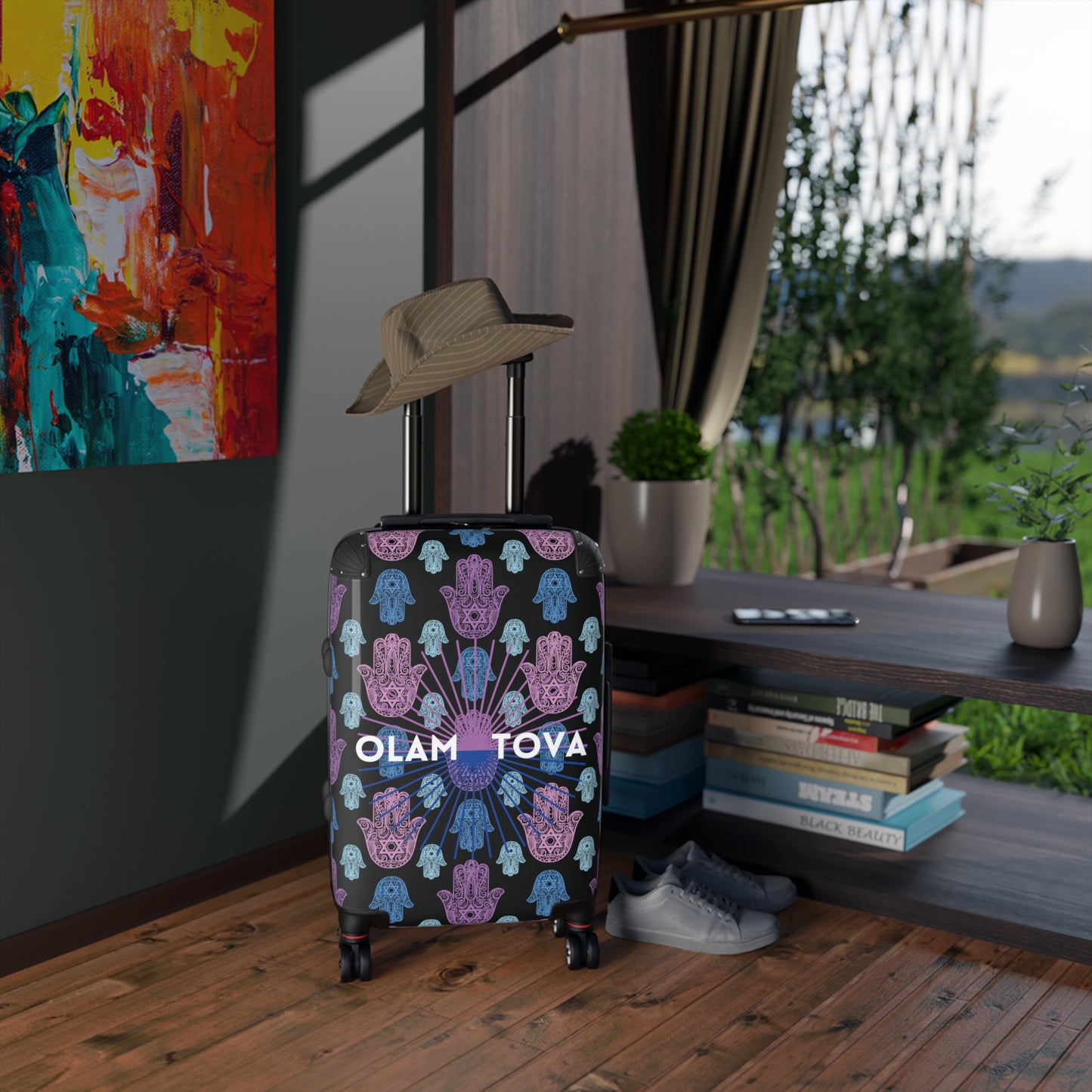 Gita Blue & Purple on Black Hamsa Pattern Suitcase