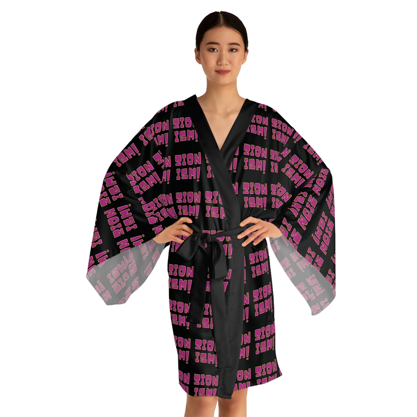 ZION Pink on Black Long Sleeve Kimono Robe