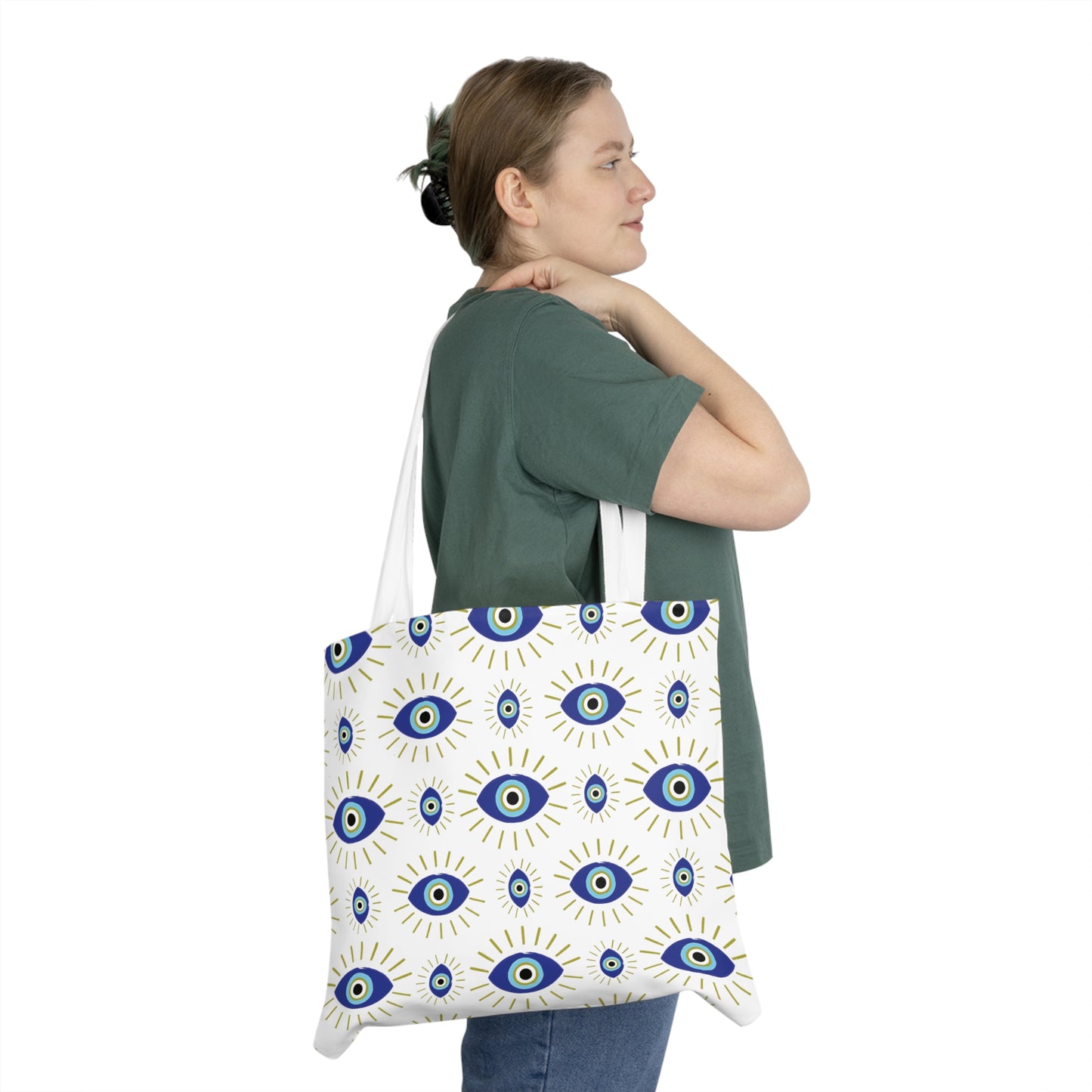 Eva Blue & Olive Evil Eye Pattern on White Shoulder Tote Bag