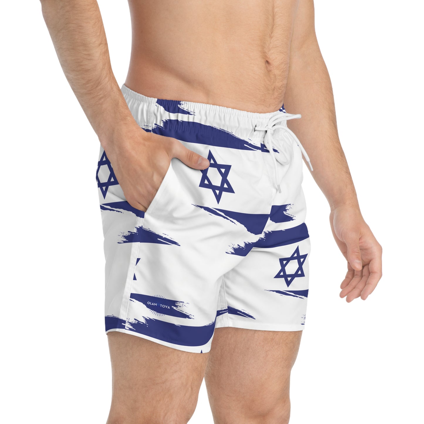 Ilay Larger Israel Flag Pattern on White Swim Trunks