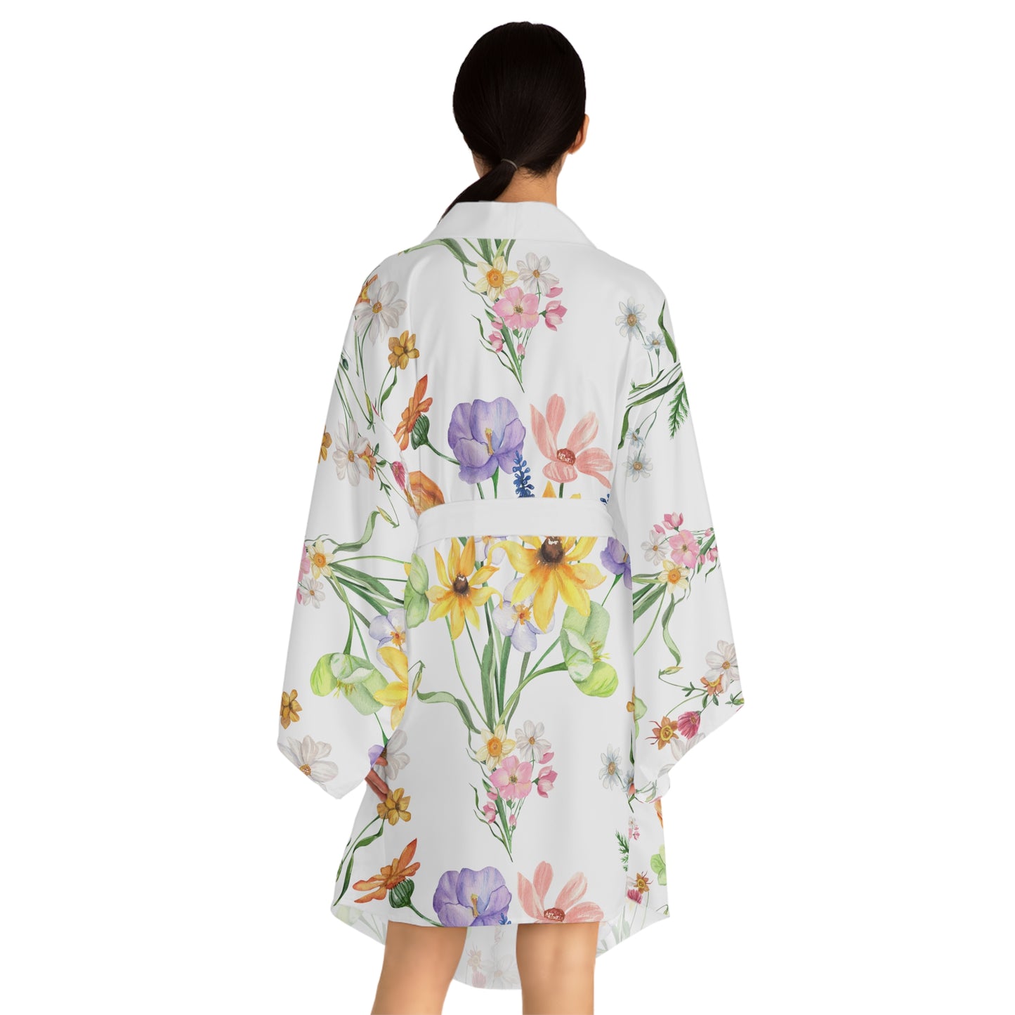 Yvonne Floral Pattern on White Long Sleeve Kimono Robe