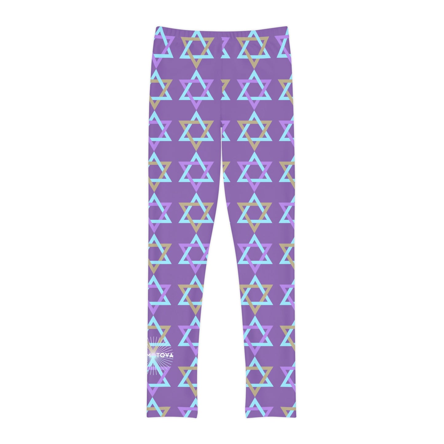 David Beige, Purple, & Light Blue Magan David Pattern on Purple Youth Full-Length Leggings