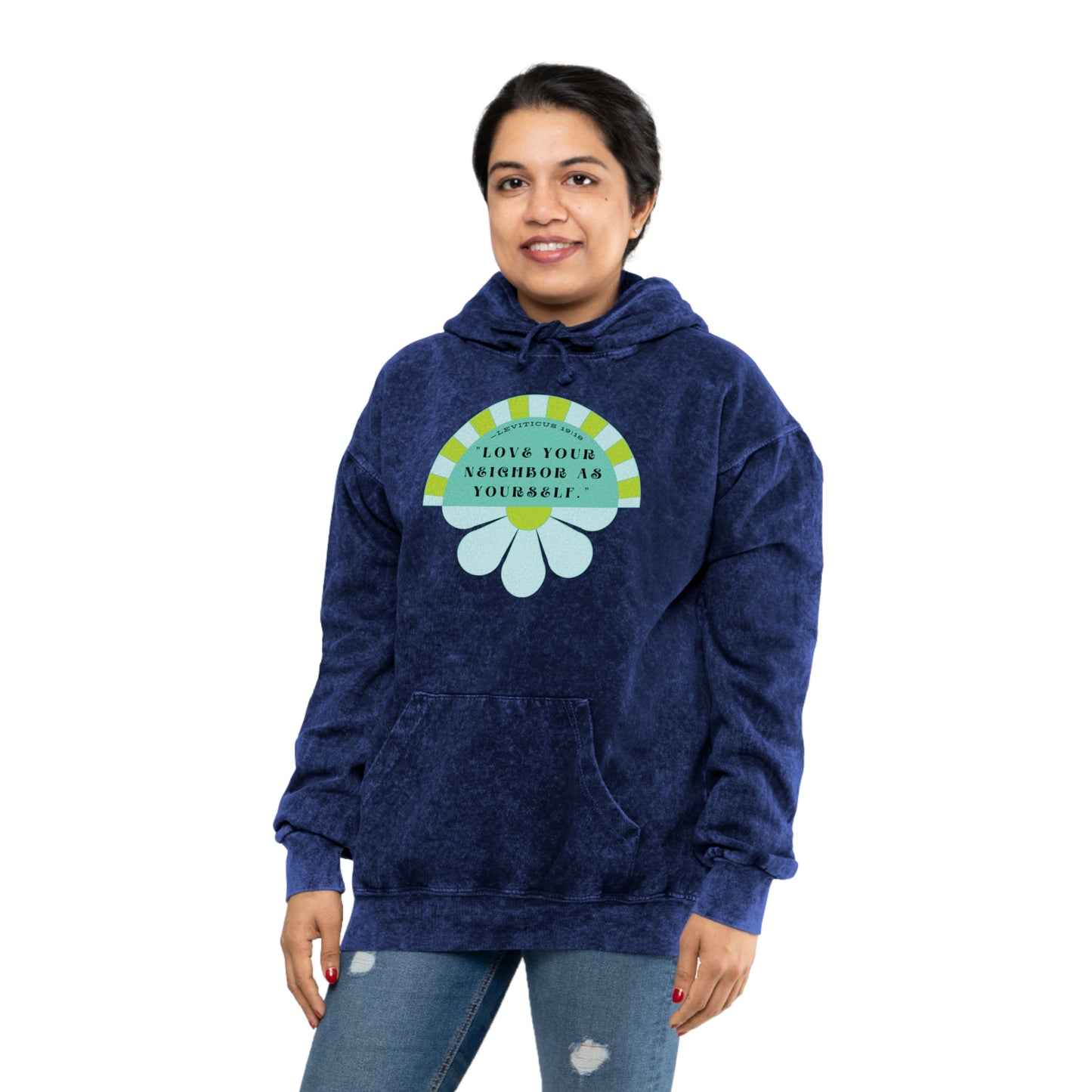 Blue & Neon Green Love Your Neighbor Unisex Mineral Wash Hoodie