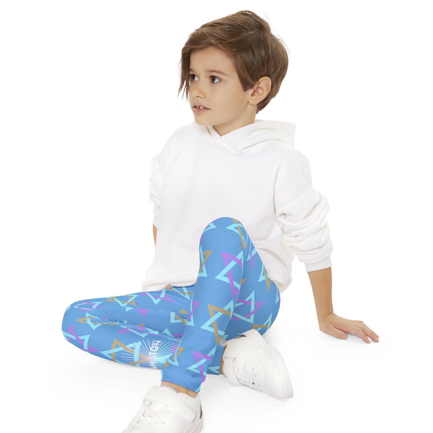 David Beige, Purple, & Light Blue Magan David Pattern on Blue Youth Full-Length Leggings