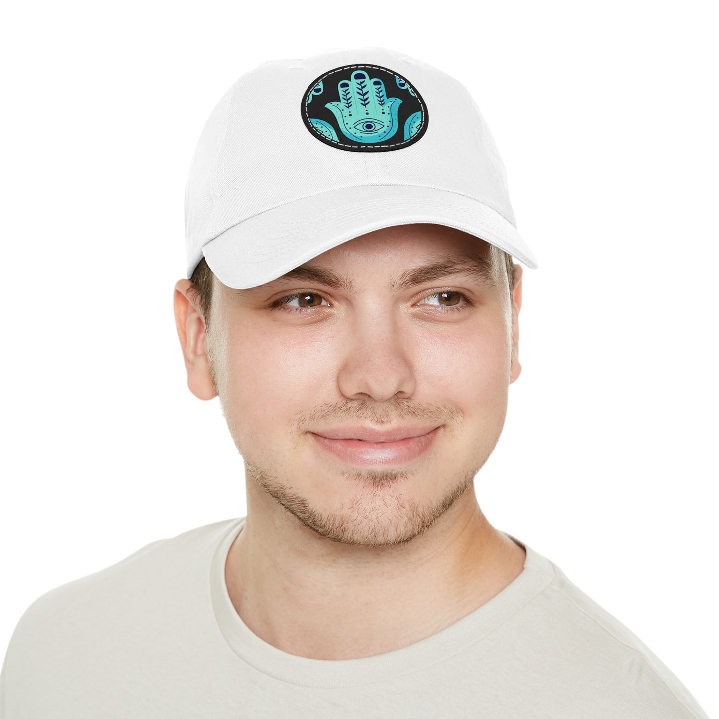 Hannah Bright Turquoise Hamsa Pattern Dad Hat with Leather Patch