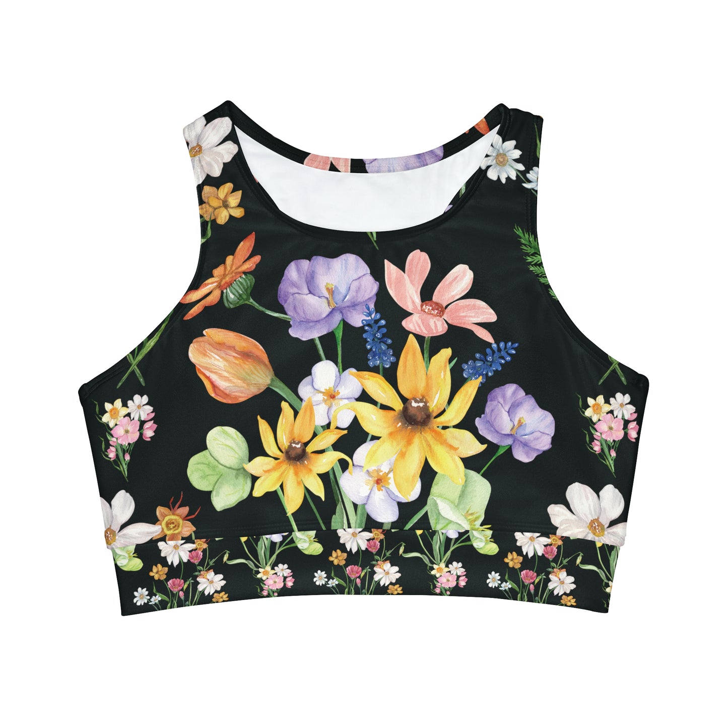 Yvonne Floral Pattern on Black High Neck Crop Waterproof Sports Top