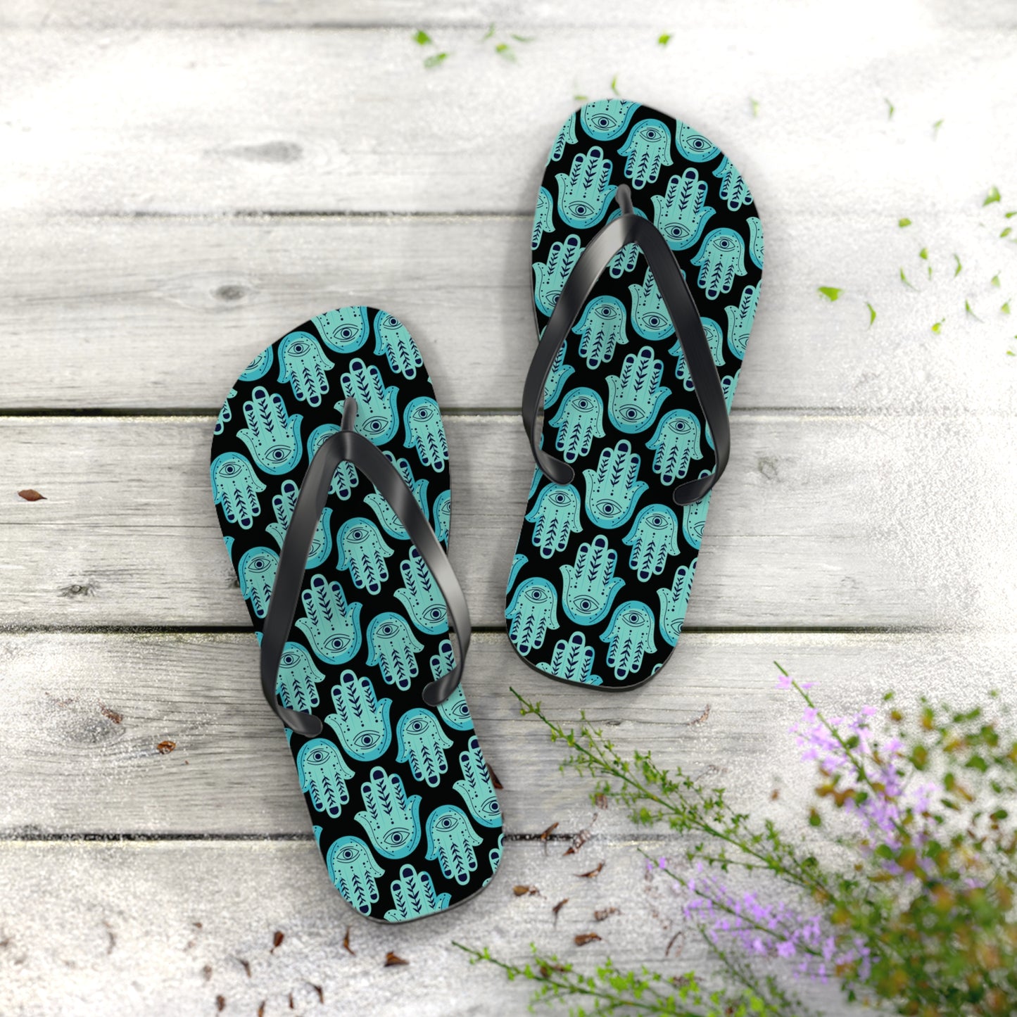 Hannah Bright Turquoise Hamsa Pattern Flip Flops