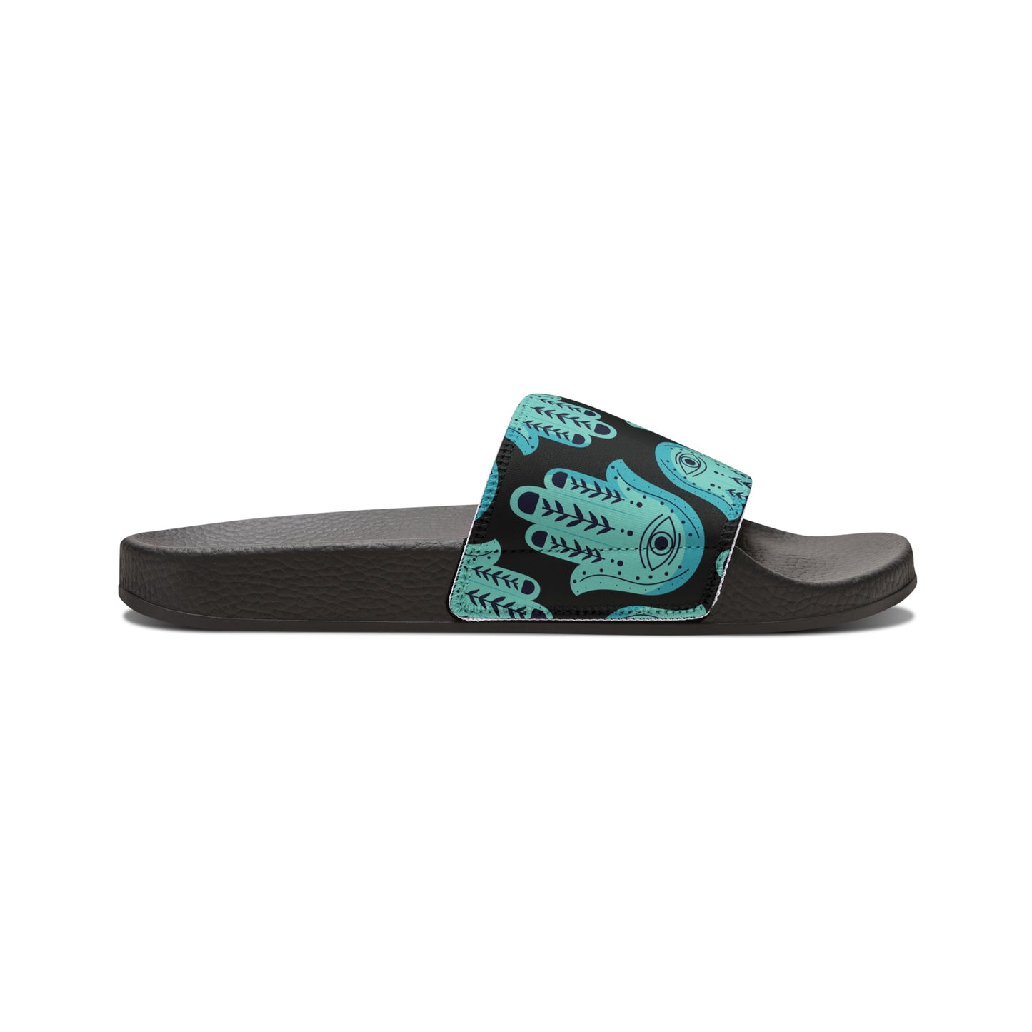 Hannah Bright Turquoise Hamsa Pattern on Black Youth PU Slide Sandals