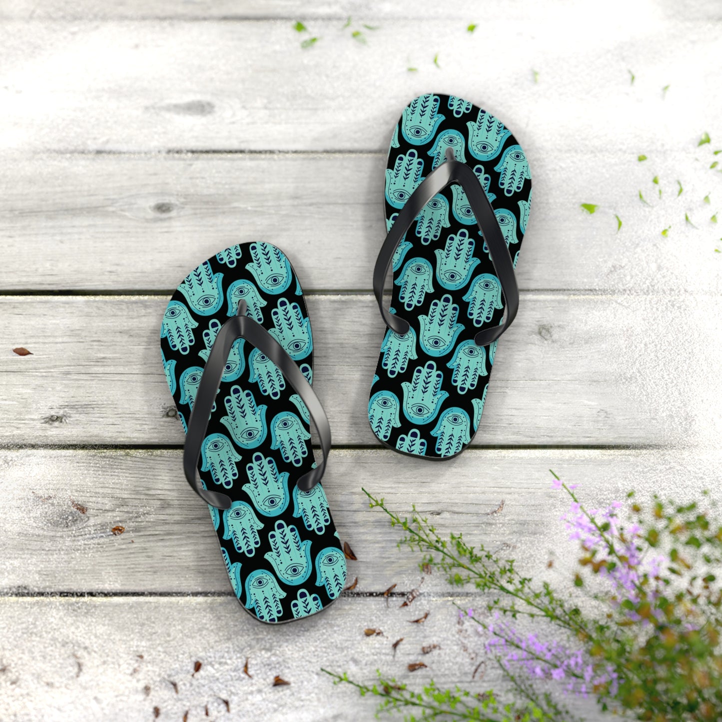 Hannah Bright Turquoise Hamsa Pattern Flip Flops