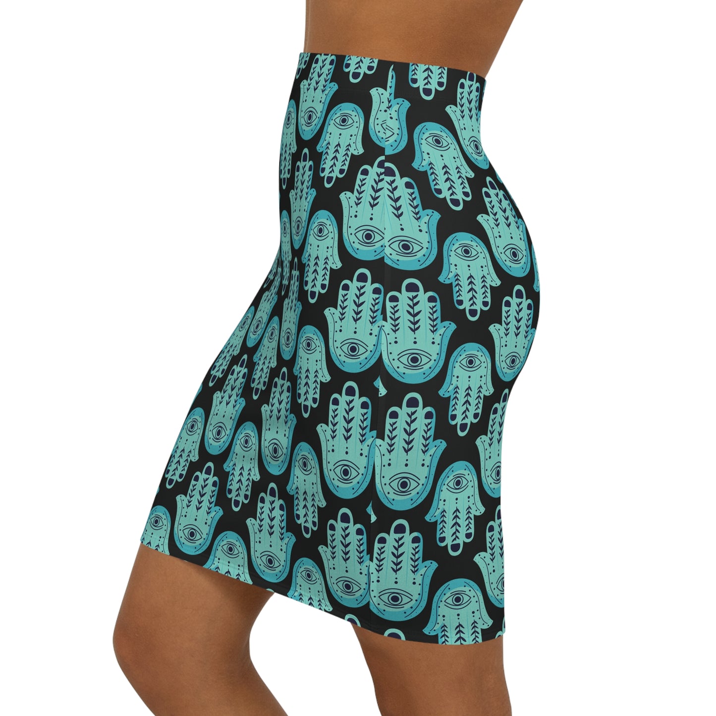 Hannah Bright Turquoise Small Hamsa Pattern Women's Mid-Waist Pencil Skirt