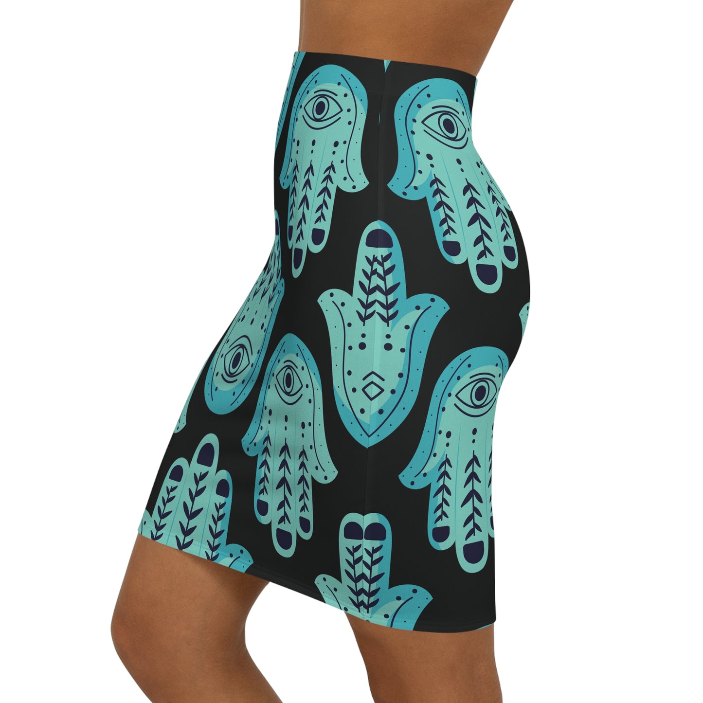 Hannah Bright Turquoise Big Hamsa Pattern Women's Mid-Waist Pencil Skirt