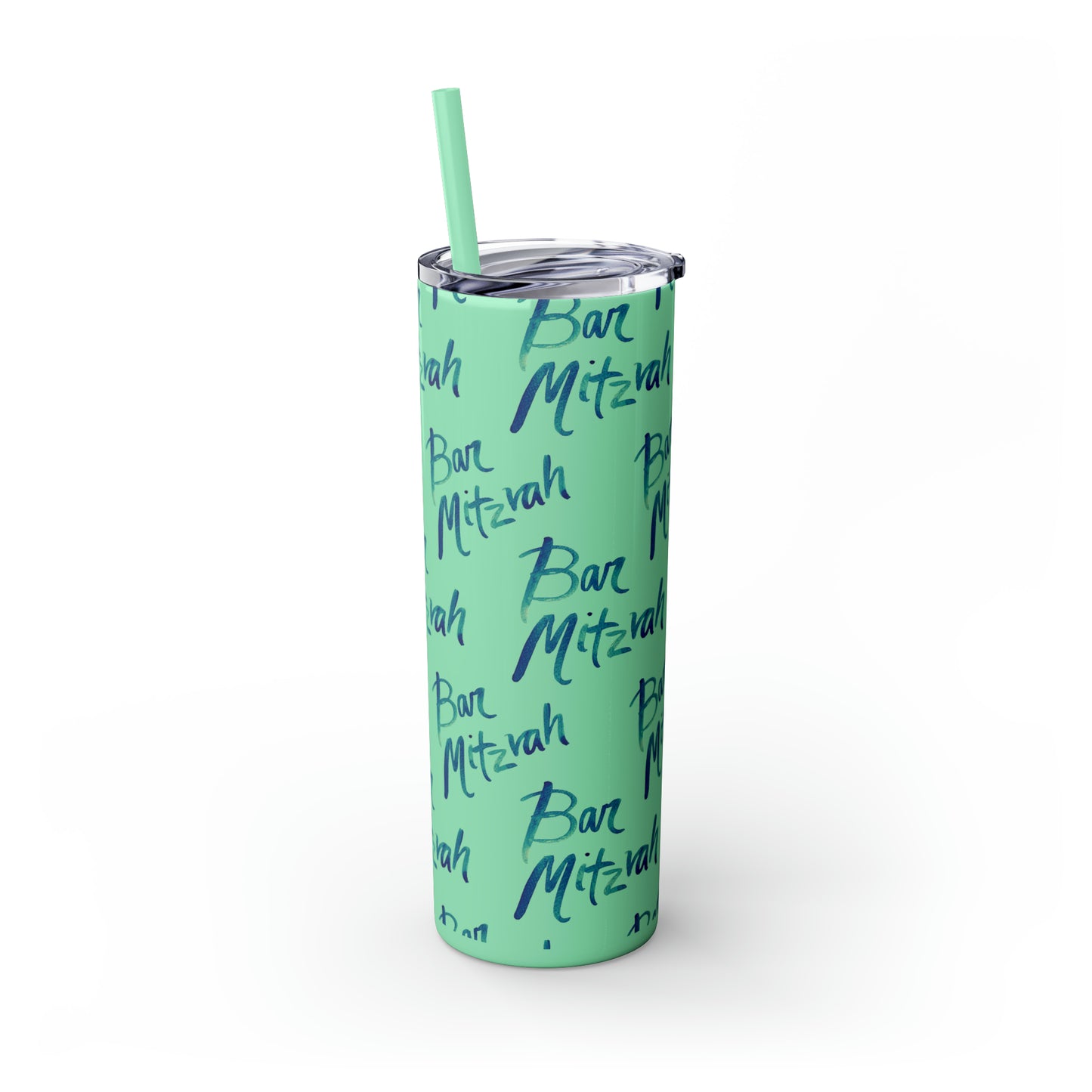 Ben Turquoise & Green Ombre Bar Mitzvah Pattern Skinny Tumbler with Straw, 20oz