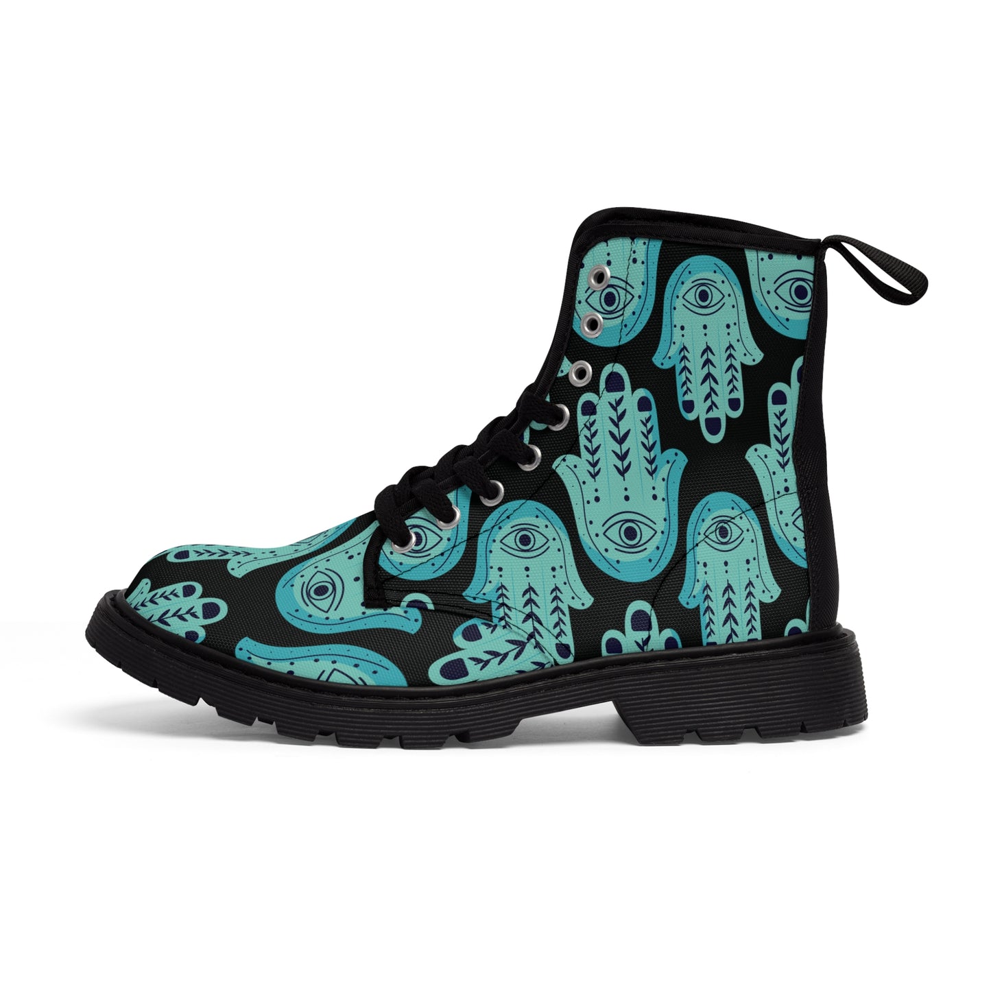 Hannah Bright Turquoise Hamsa Pattern on Black Women's Canvas Boots