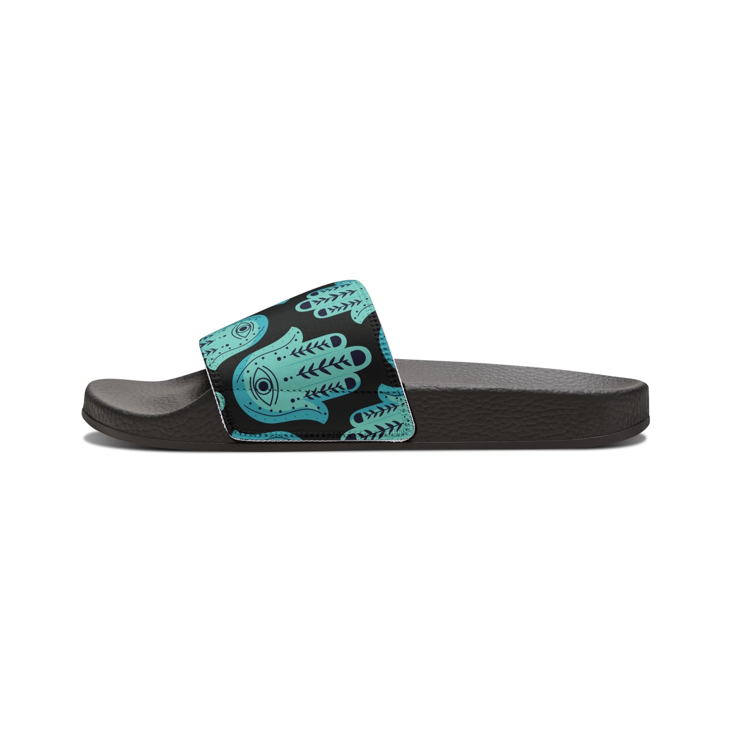 Hannah Bright Turquoise Hamsa Pattern on Black Youth PU Slide Sandals