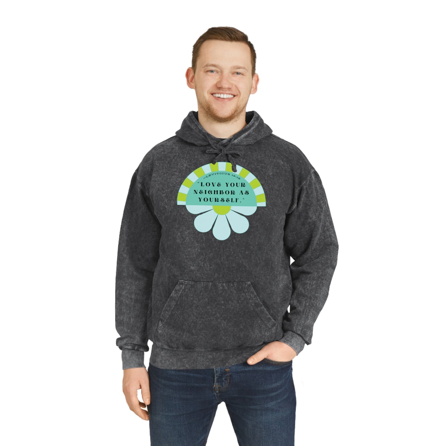 Blue & Neon Green Love Your Neighbor Unisex Mineral Wash Hoodie